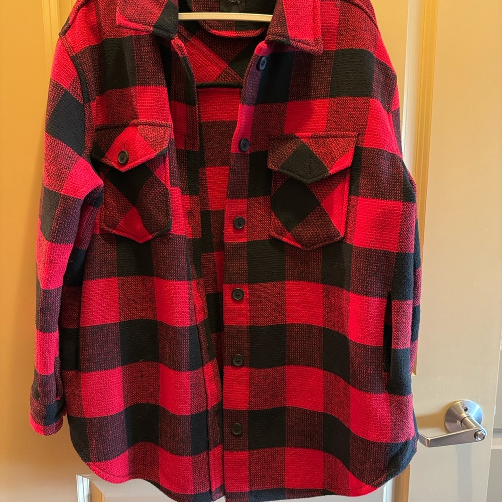RDI Women's Bold Red and Black Checkered Button Down Wool Shirt Jacket